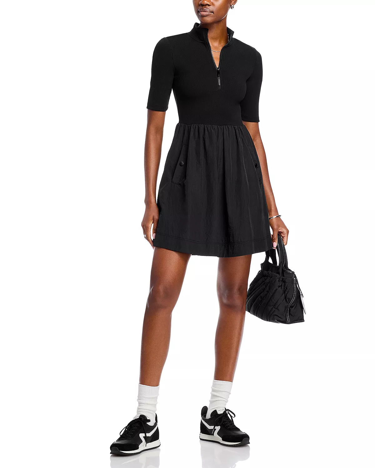 Collared Mixed Fabric Mini Dress