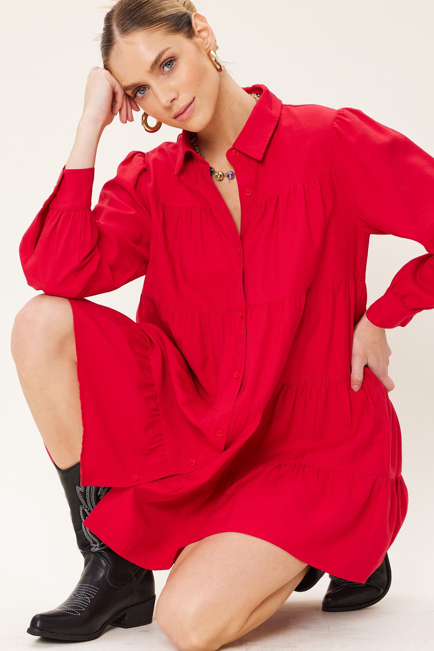 Tiered Button Down Shirt Dress