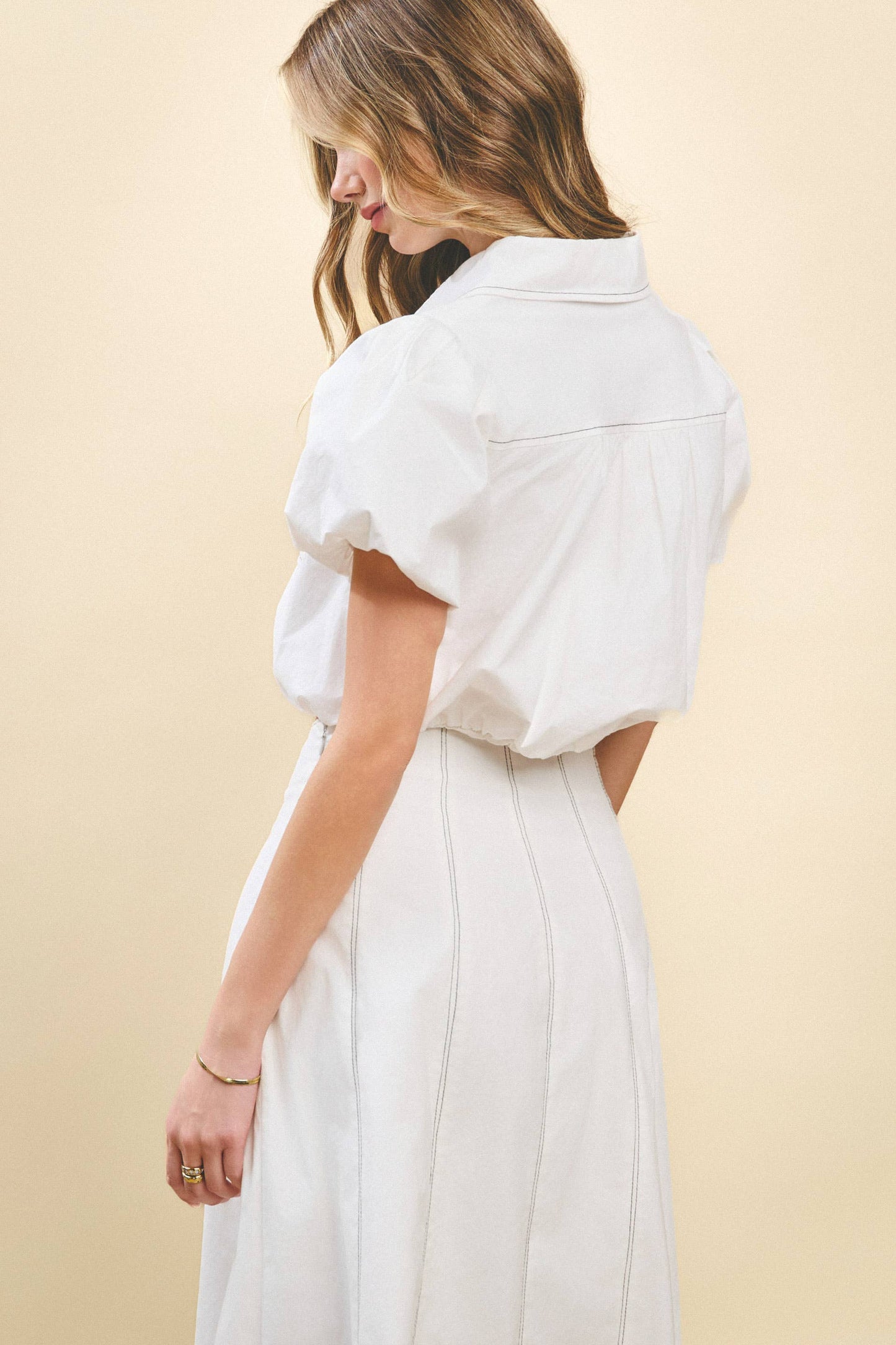 Bubble Sleeves Contrast topstitching Blouse