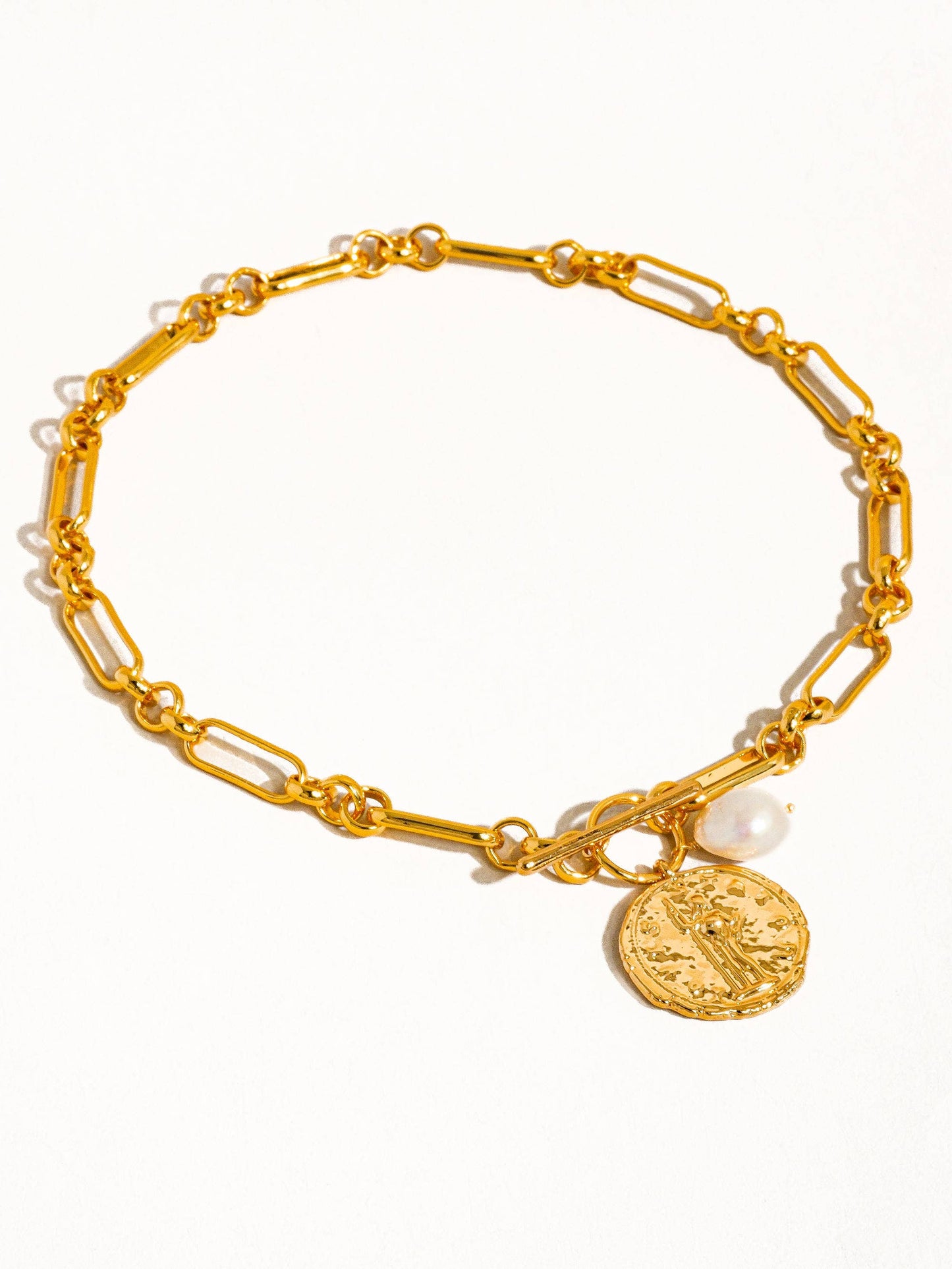 Leah 18k Gold Large Coin and Pearl Chain Necklace: Yellow Gold