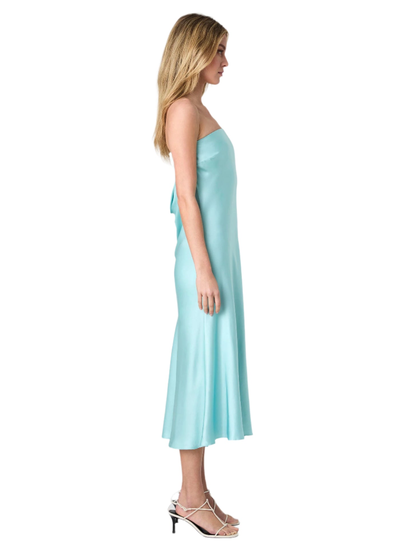 Strapless Turquoise Satin Midi Dress