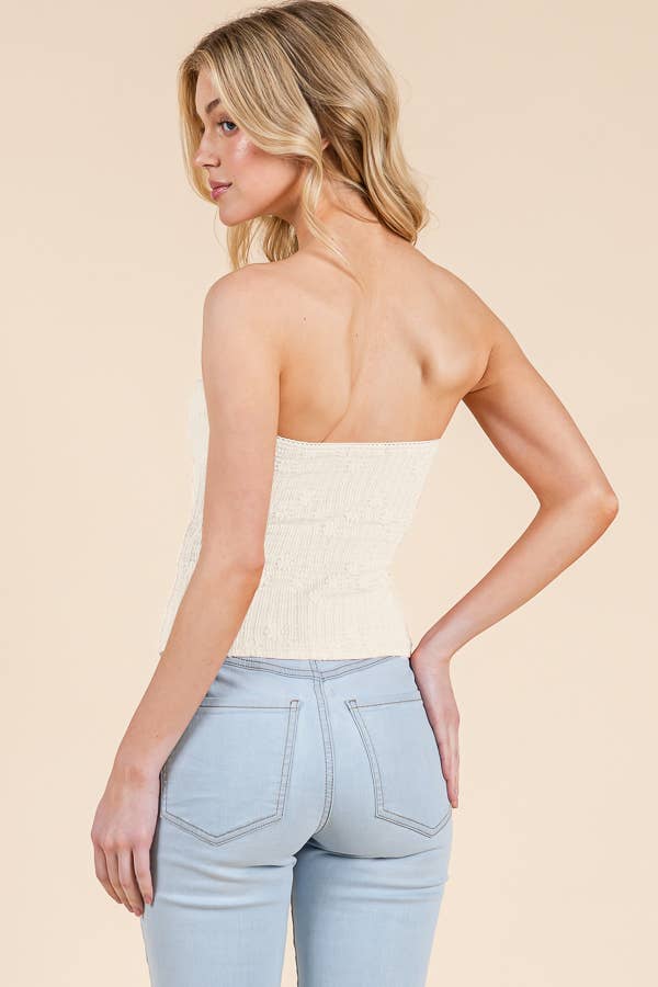 TEXTURED LACE TUBE TOP W/ FRONT TIE DETAIL ECRU