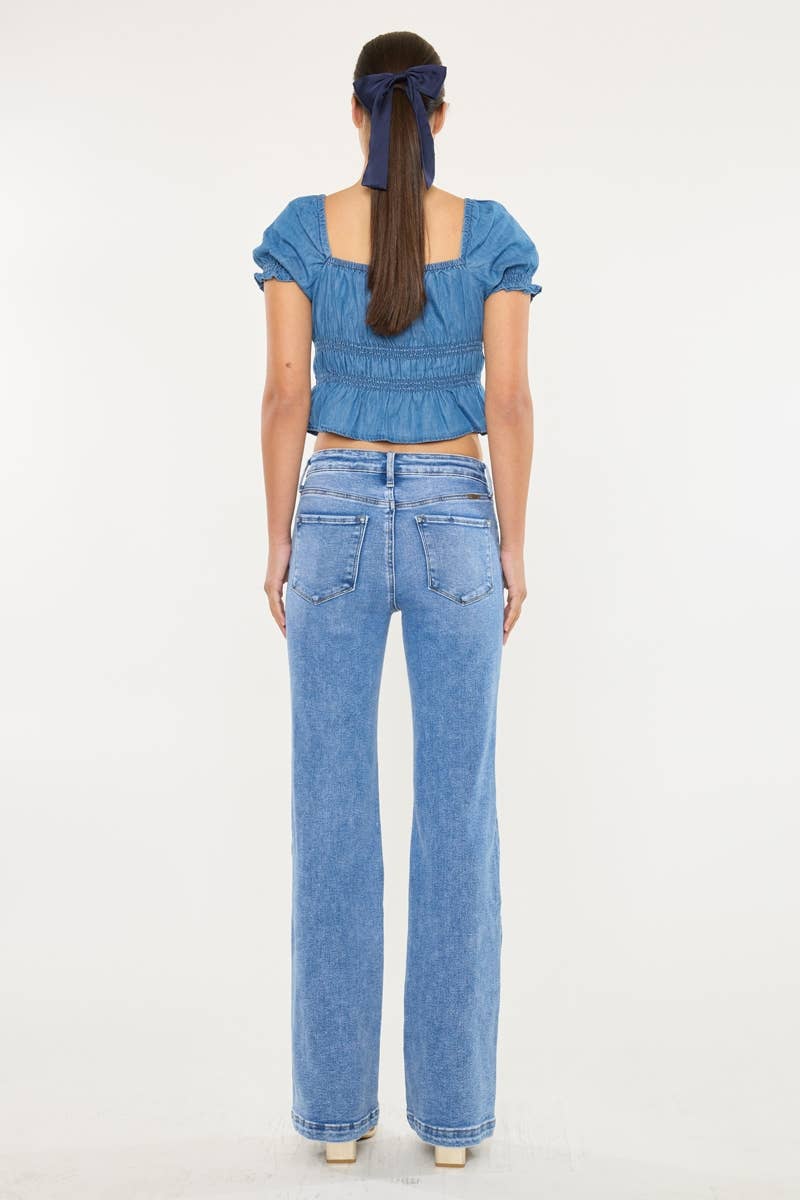 MEDIUM WASH HIGH RISE WIDE LEG FLARE JEANS