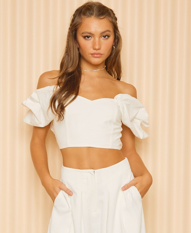 Off Shoulder Crop Top w/ Plated Sleeves