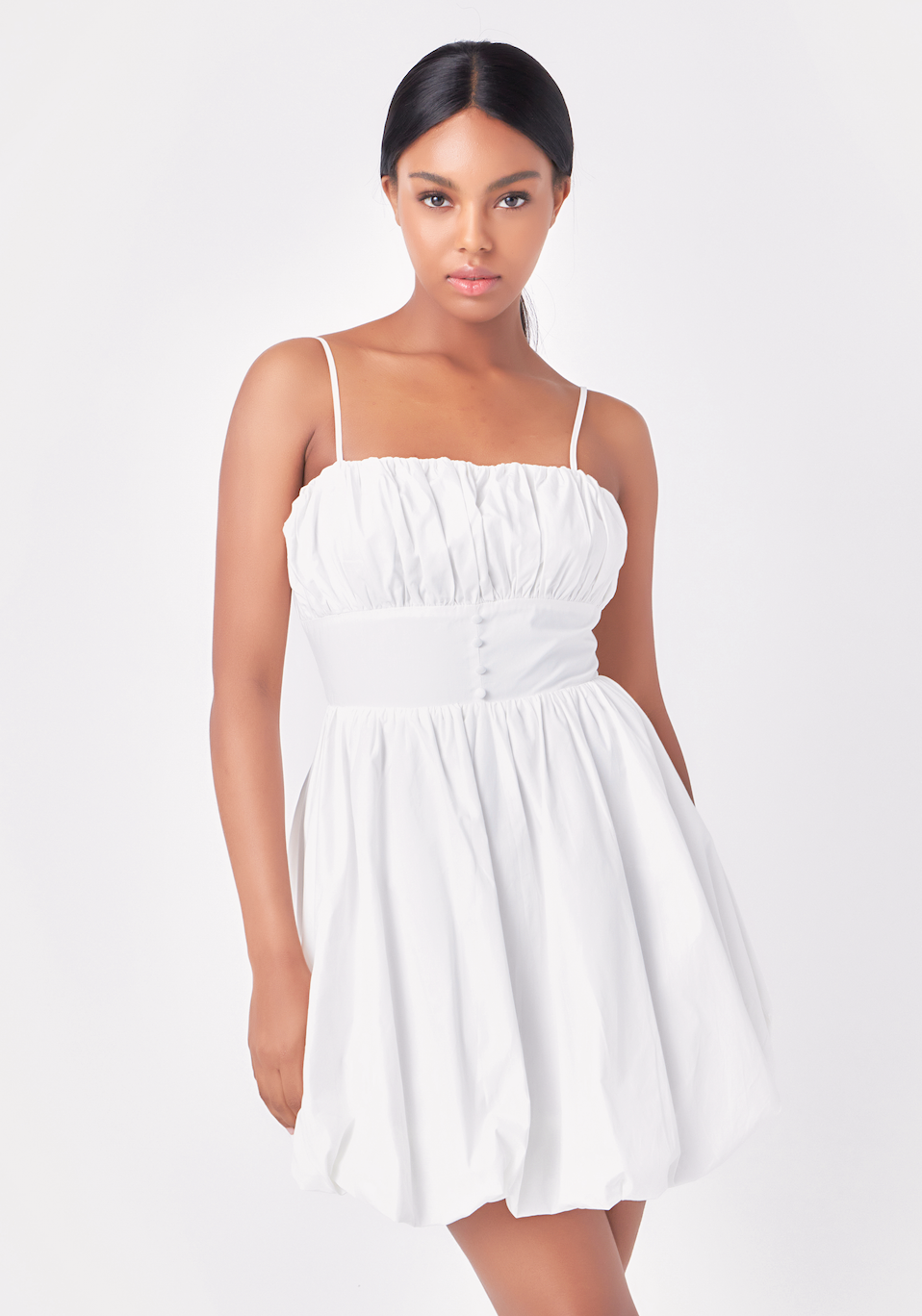 Ruched blouson mini dress