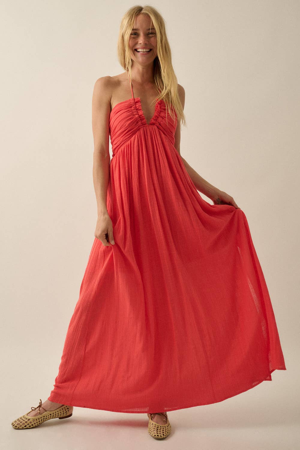 Cotton Gauze Tie-Back Halter Pocket Maxi Dress M Cotton Gauze Tie-Back Halter Pocket Maxi Dress M