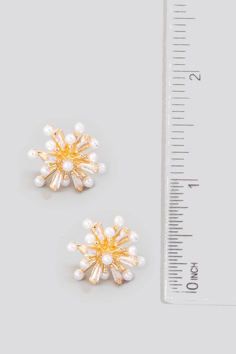 Pearl And Cz Studded Sunburst Stud Earrings