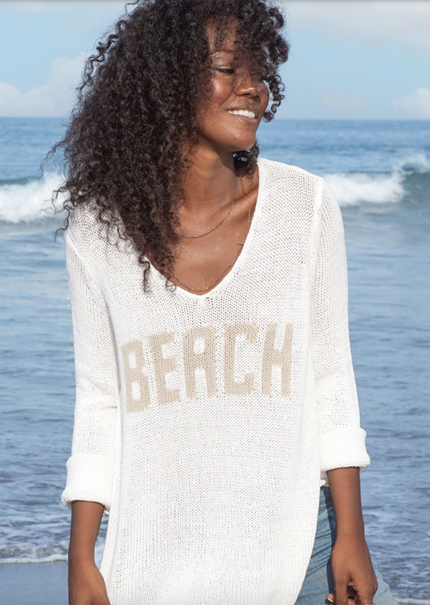 White & Khaki Beach V-Neck