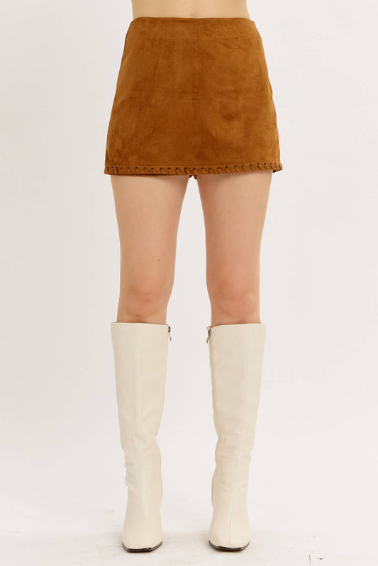 SLEEK FAUX SUEDE MINI SKORT WITH WHIPSTITCH HEM