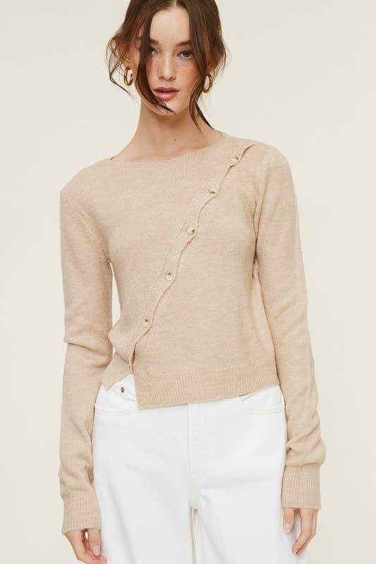 Long Sleeve Knit Top with Asymmetrical Top Beige