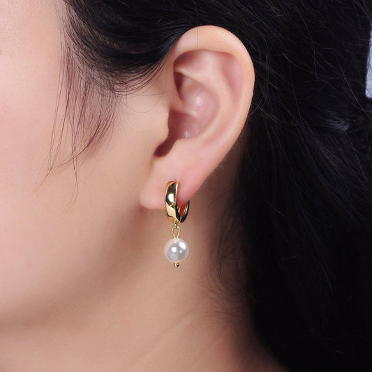 14K Gold Filled Shell Pearl Drop Lever Back Huggie Earrings