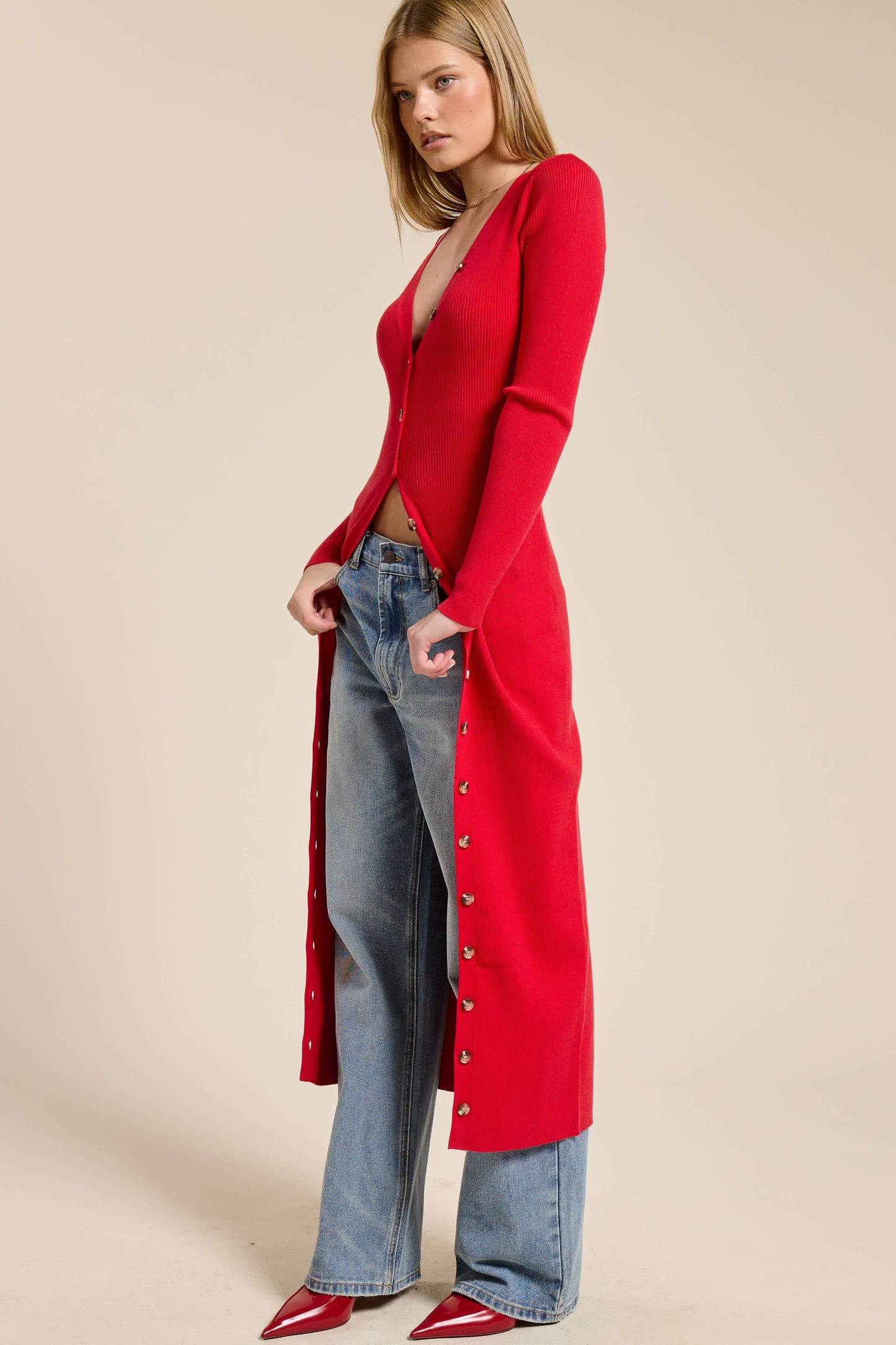 Ribbed Knit Button Down Cardigan/  Midi Dress Red