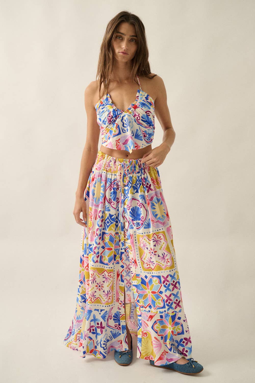 Tropical Floral-Print Gathered Handkerchief Halter Crop Top