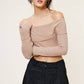 Soft Rib Knit Off-Shoulder Long Sleeve Cropped Top