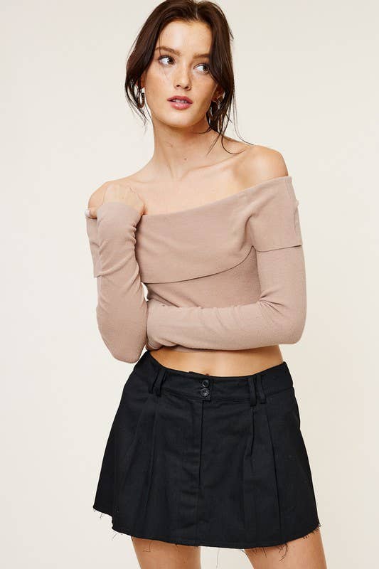 Soft Rib Knit Off-Shoulder Long Sleeve Cropped Top