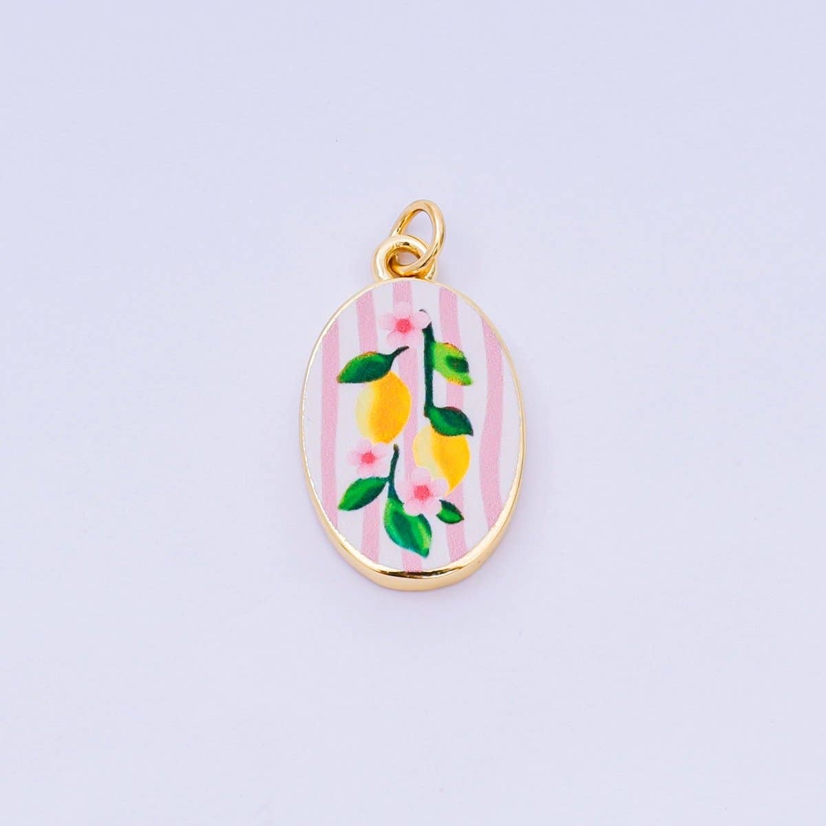 24K Gold Filled 23mm Enamel Art Oval Charm Pink Lemon
