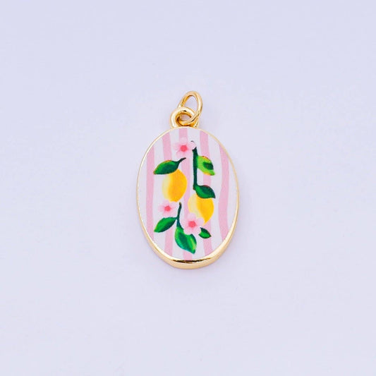 24K Gold Filled 23mm Enamel Art Oval Charm Pink Lemon