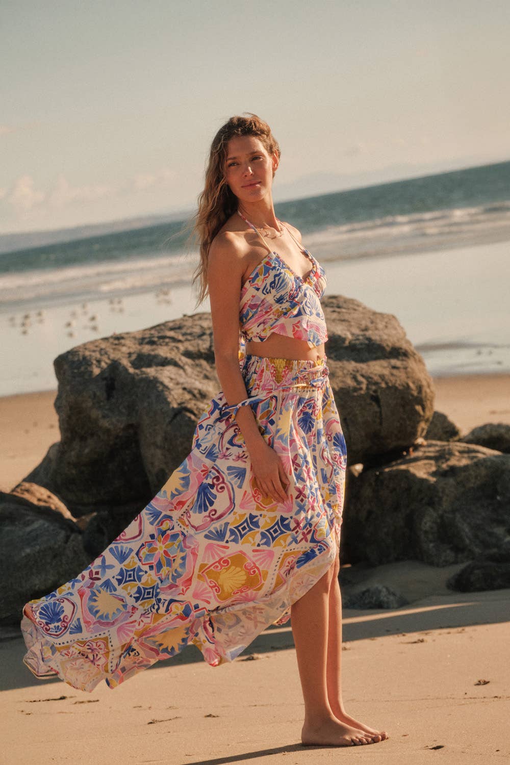 Tropical Floral-Print Smocked-Waist Half-Button Maxi Skirt S