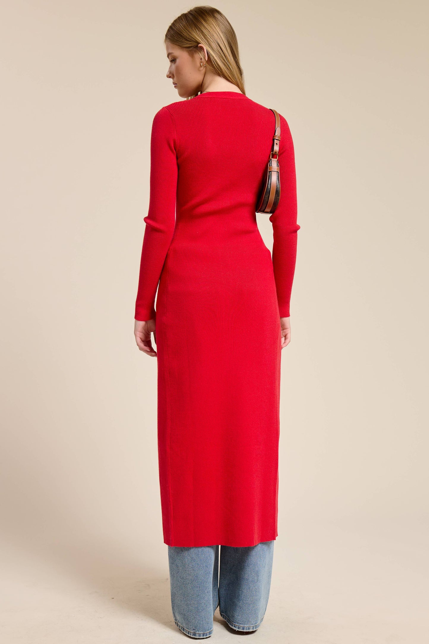 Ribbed Knit Button Down Cardigan/  Midi Dress Red