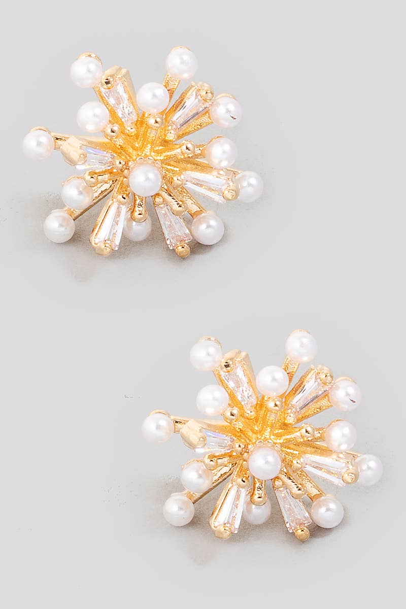 Pearl And Cz Studded Sunburst Stud Earrings