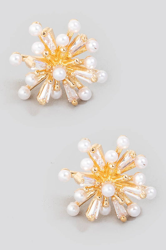 Pearl And Cz Studded Sunburst Stud Earrings
