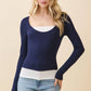 LAYERED SCOOP NECK LONG SLEEVE TOP NAVY/ WHITE