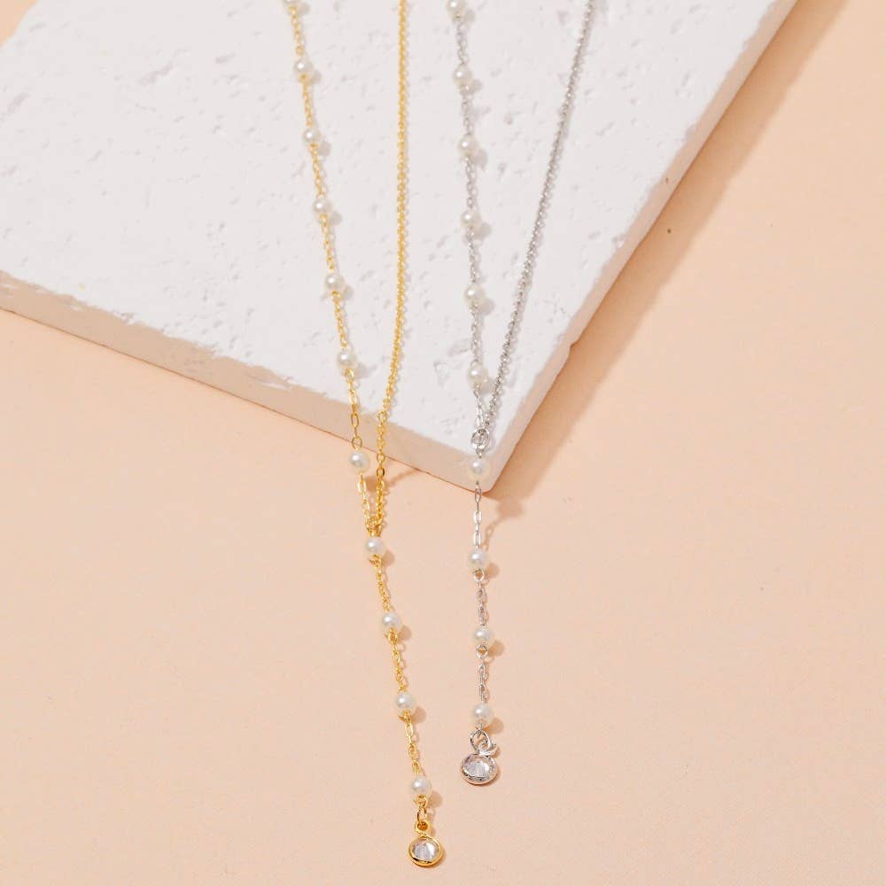 Dainty Chain Pearl Bead Lariat Necklace