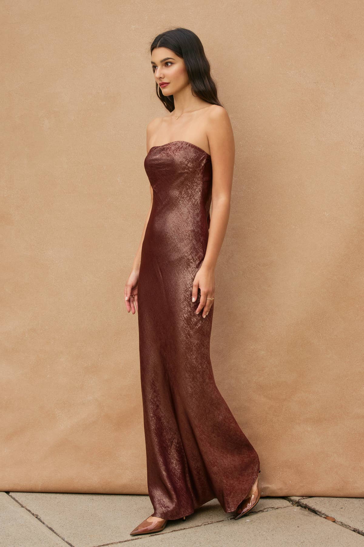 Metallic Strapless Draped Back Maxi Dress (RT)