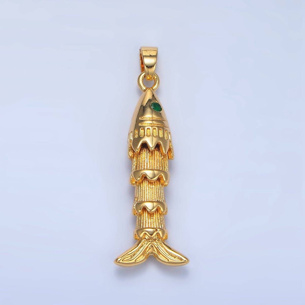 24K Gold Filled 35mm Green CZ Multidimensional Artisan Fish Charm