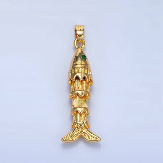 24K Gold Filled 35mm Green CZ Multidimensional Artisan Fish Charm