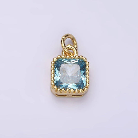 14K Gold Filled Blue, Baby Blue CZ Square Dotted Bezel Add-On Charm