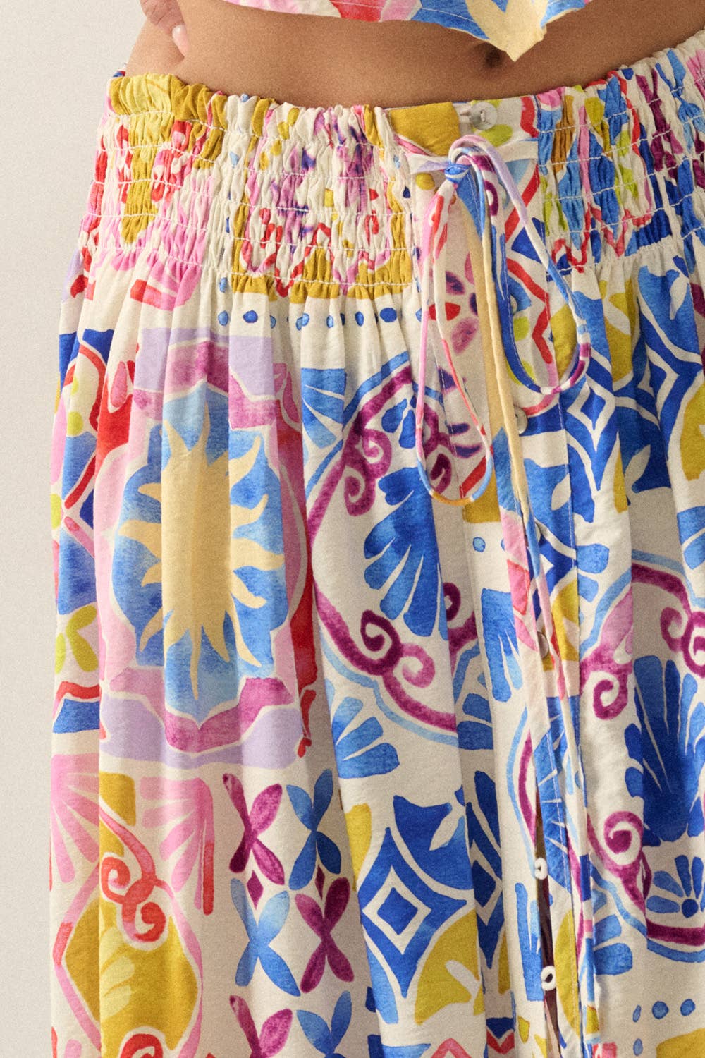 Tropical Floral-Print Smocked-Waist Half-Button Maxi Skirt