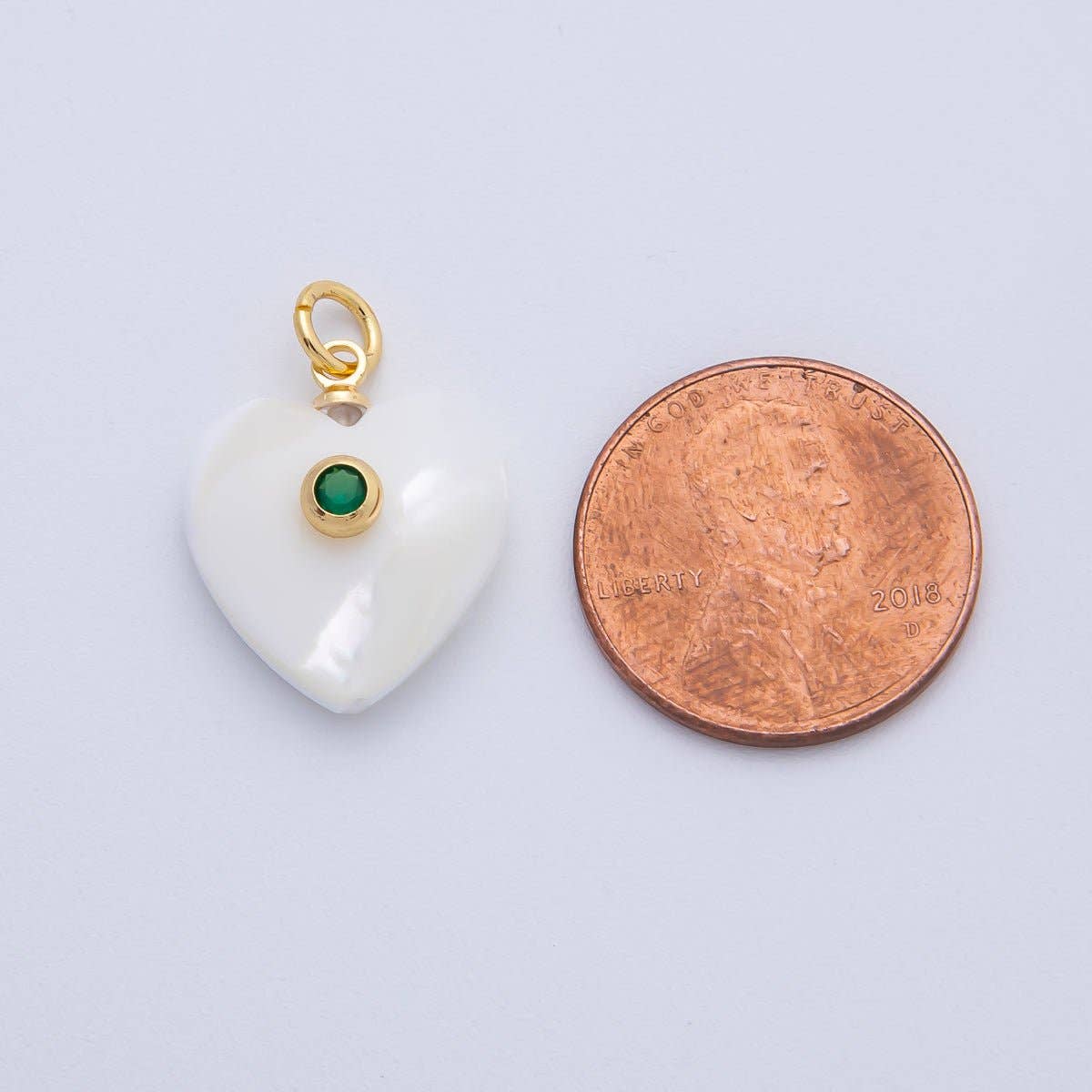 18K Gold Filled 27mm Green CZ Round Accent Heart-Shaped Shell Pearl Drop Charm
