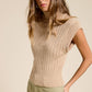 Sleeveless Camel Ribbed Knit Turtleneck Sweater