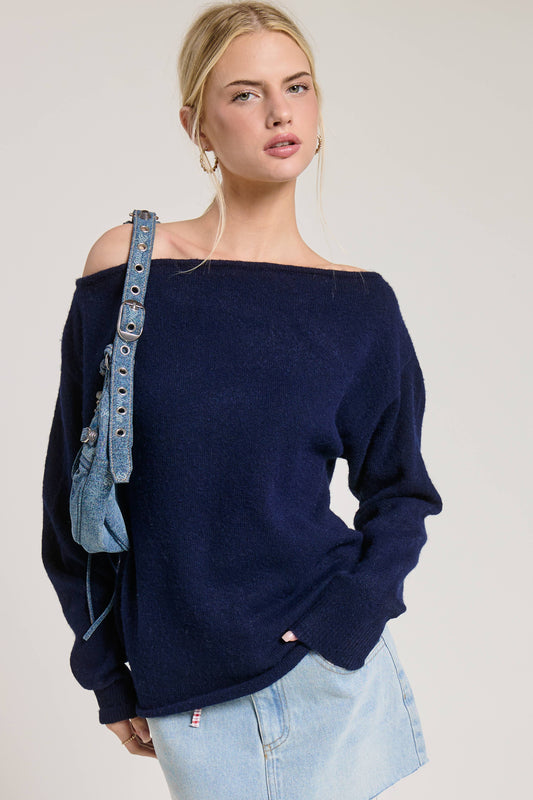 Navy Off Shoulder Cozy Knit Sweater