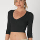 Ribbed 3/4 Sleeve V Neck Crop Top Black