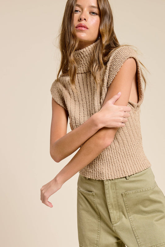 Sleeveless Camel Ribbed Knit Turtleneck Sweater