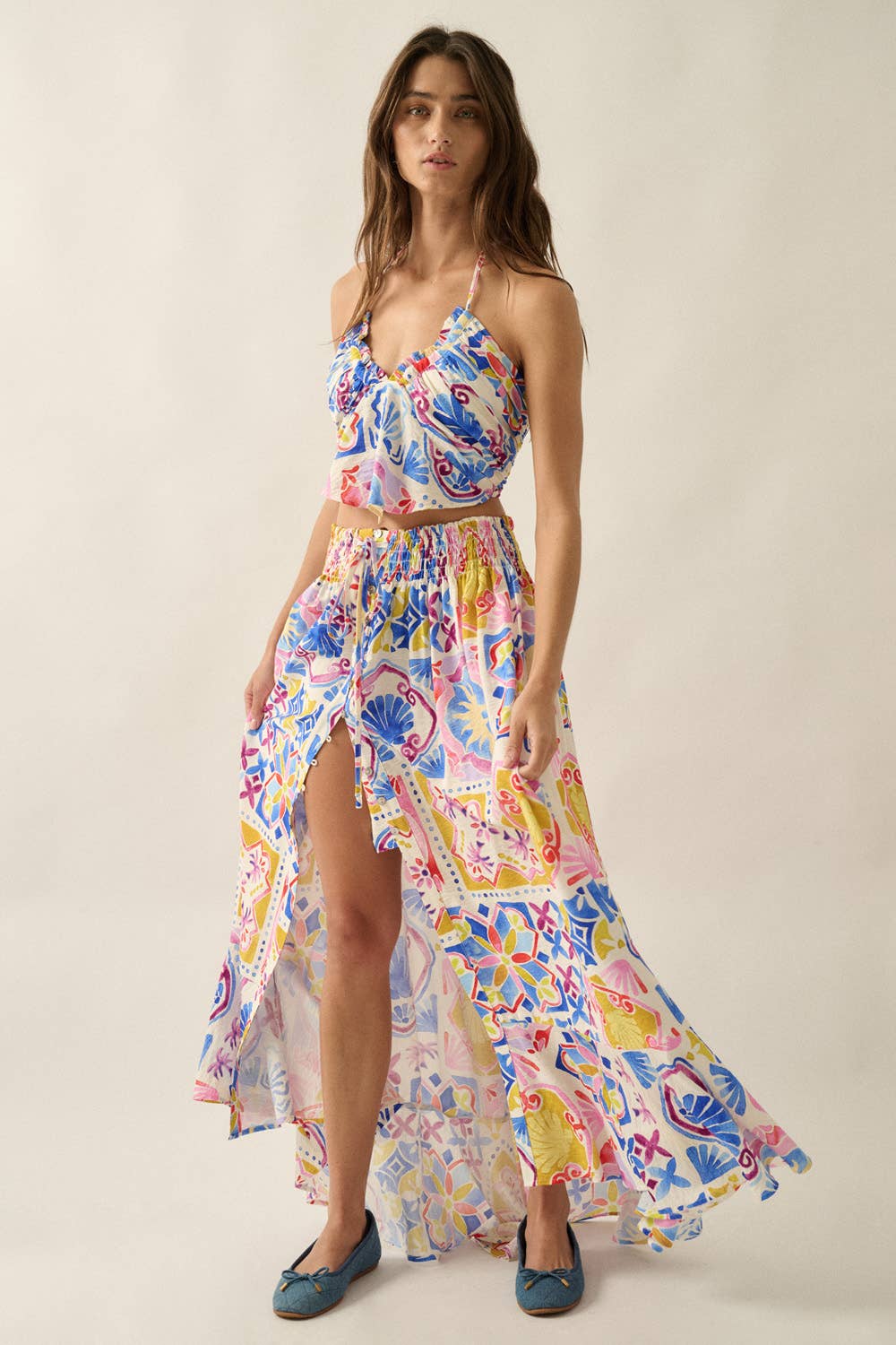 Tropical Floral-Print Smocked-Waist Half-Button Maxi Skirt