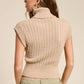 Sleeveless Camel Ribbed Knit Turtleneck Sweater