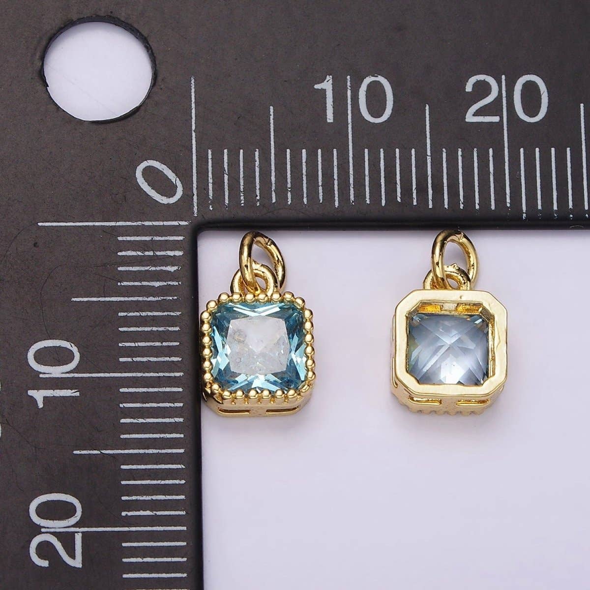 14K Gold Filled Blue, Baby Blue CZ Square Dotted Bezel Add-On Charm
