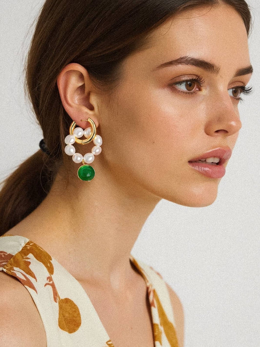 Désirée 18K Gold Freshwater Pearl Hoop Earring: Green