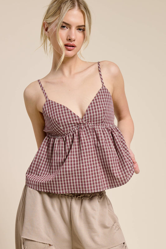 Plaid V Neck Babydoll Cami Top