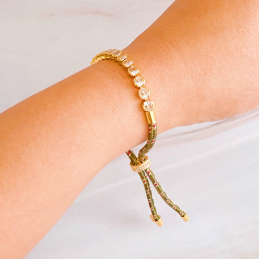 Adjustable Rope Tennis Bracelet With CZ Bezel Stones: Olive