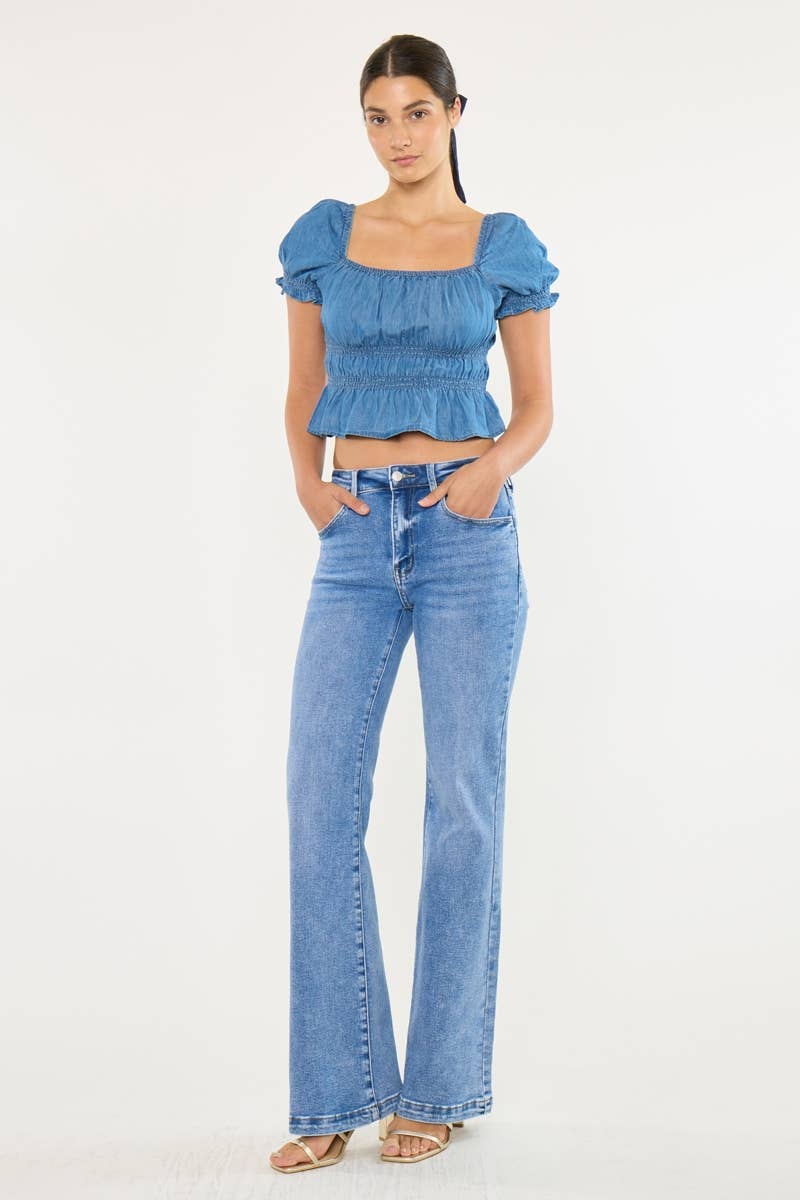 MEDIUM WASH HIGH RISE WIDE LEG FLARE JEANS