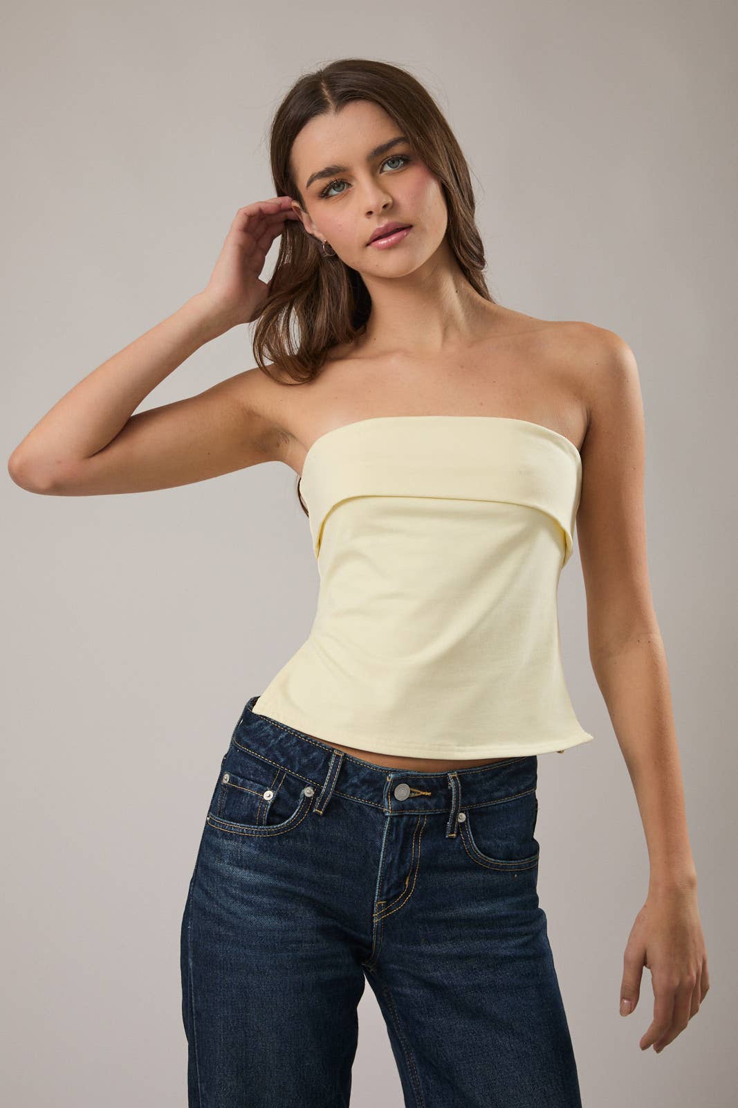 STRAPLESS FOLDED DETAIL KNIT TUBE TOP