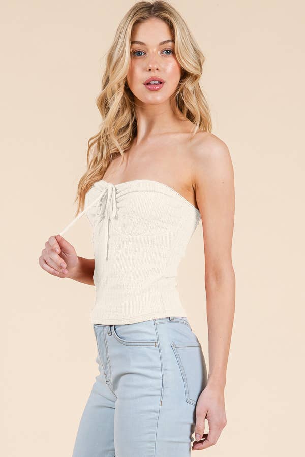 TEXTURED LACE TUBE TOP W/ FRONT TIE DETAIL ECRU