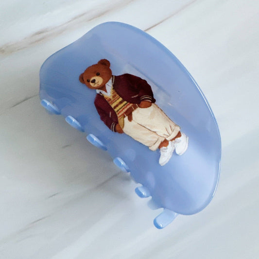 Preppy Bear Hair Claw – Charming Retro Style: Blue