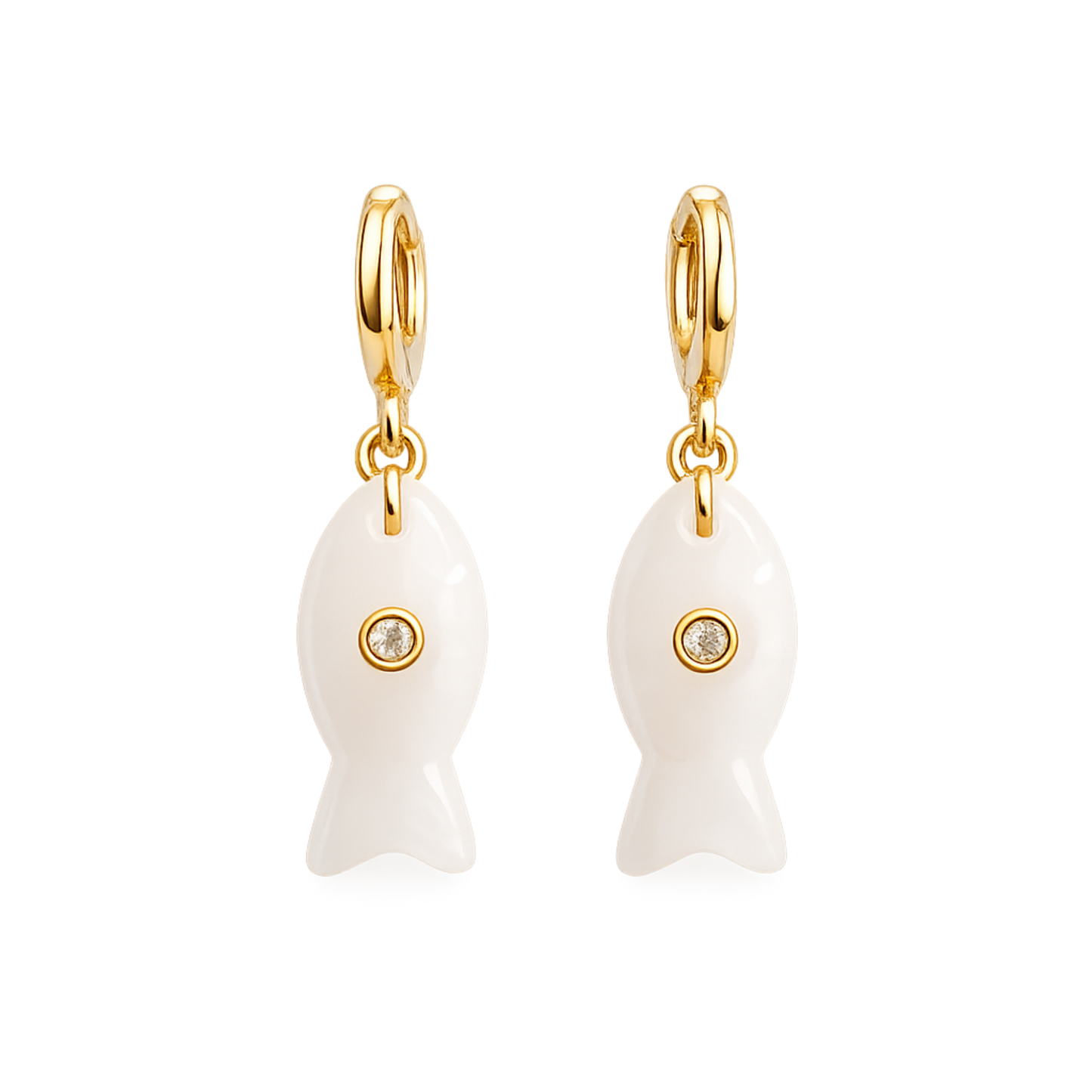 Fish Charm Hoop Earrings – Color Drop: White
