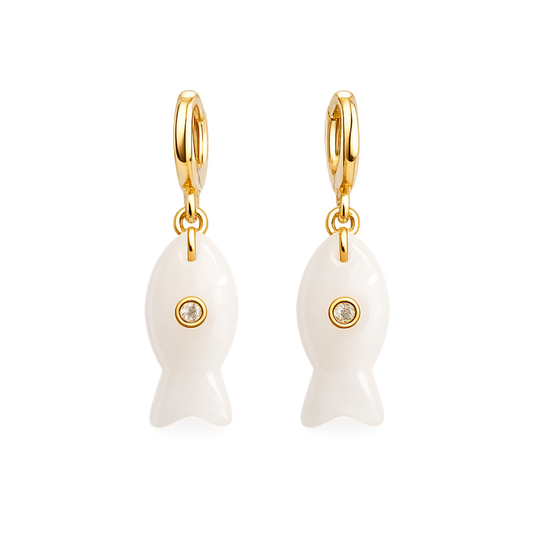 Fish Charm Hoop Earrings – Color Drop: White