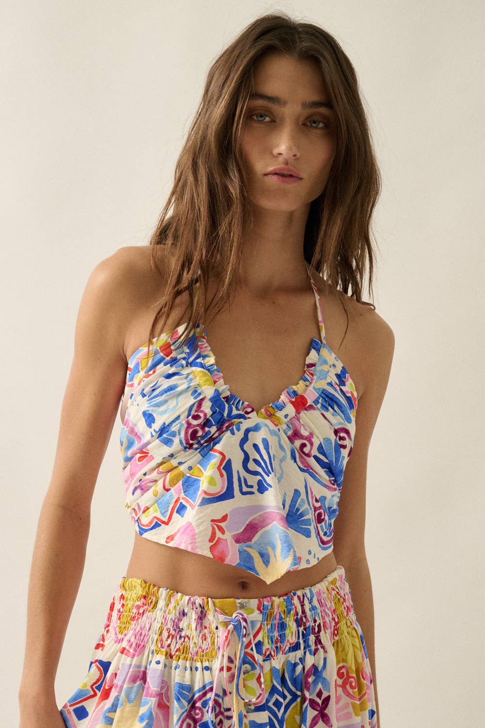 Tropical Floral-Print Gathered Handkerchief Halter Crop Top